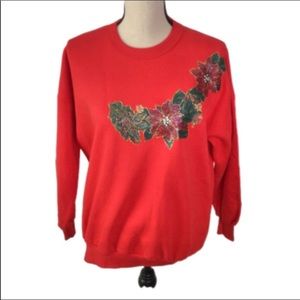 Mary’s Bears Oceanic Red Painted Poinsettia Crewneck Sweatshirt Small NWT